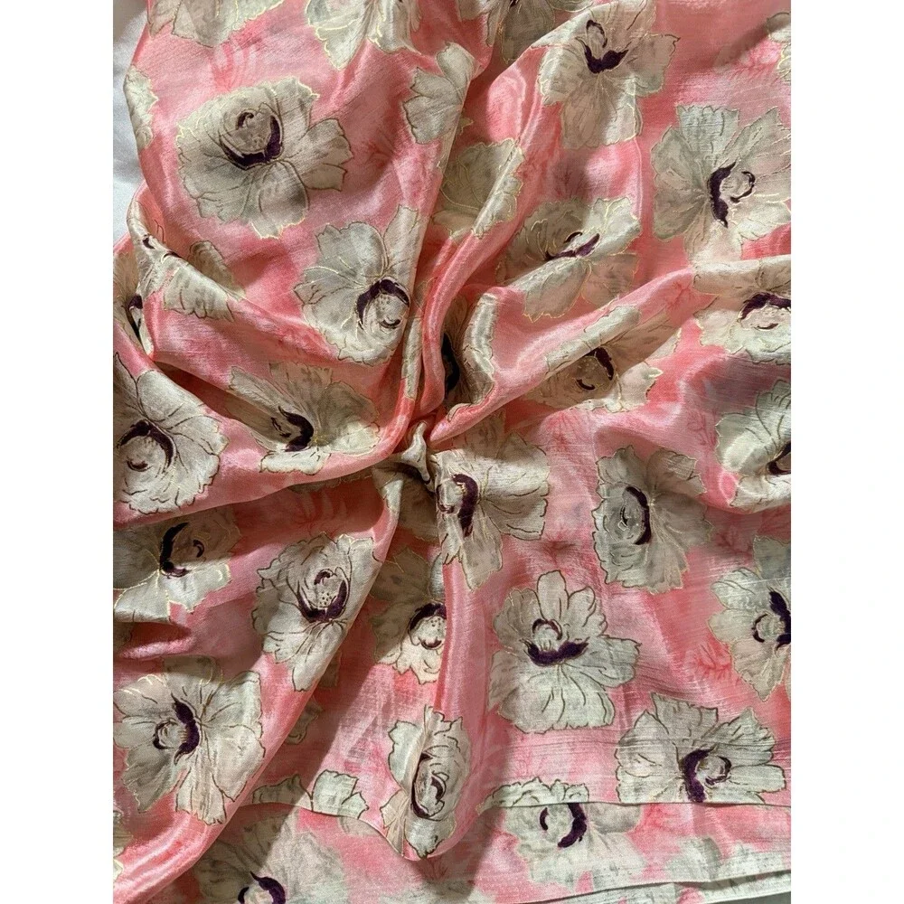 5.47 Yds Aqua Pink Metallic Floral Chiffon Fabric 44” Wide Elegant Fabric